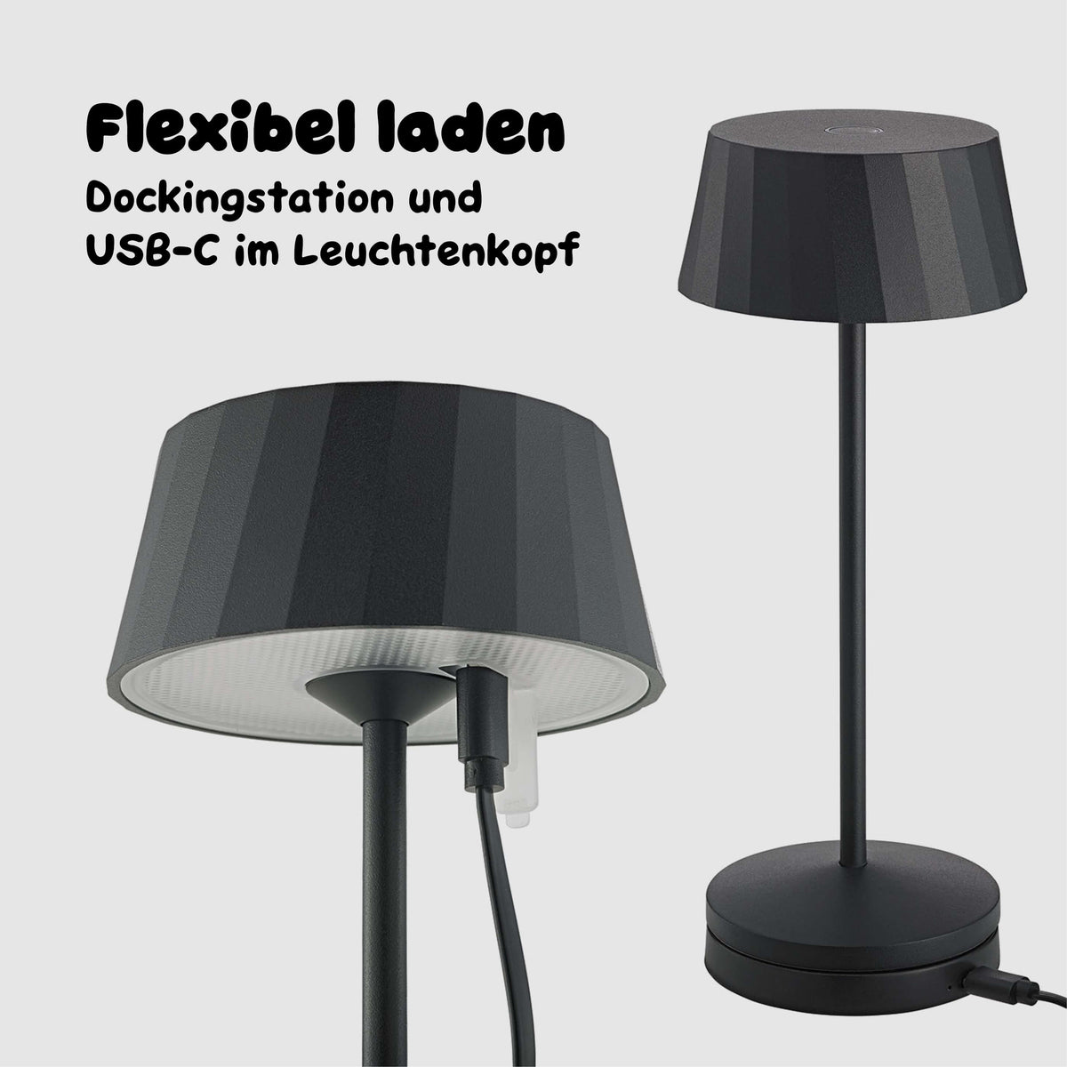 Die nachtschwarze Sigor Facetta kann per Dockingstation oder USB-C geladen werden #Farbe_Nachtschwarz