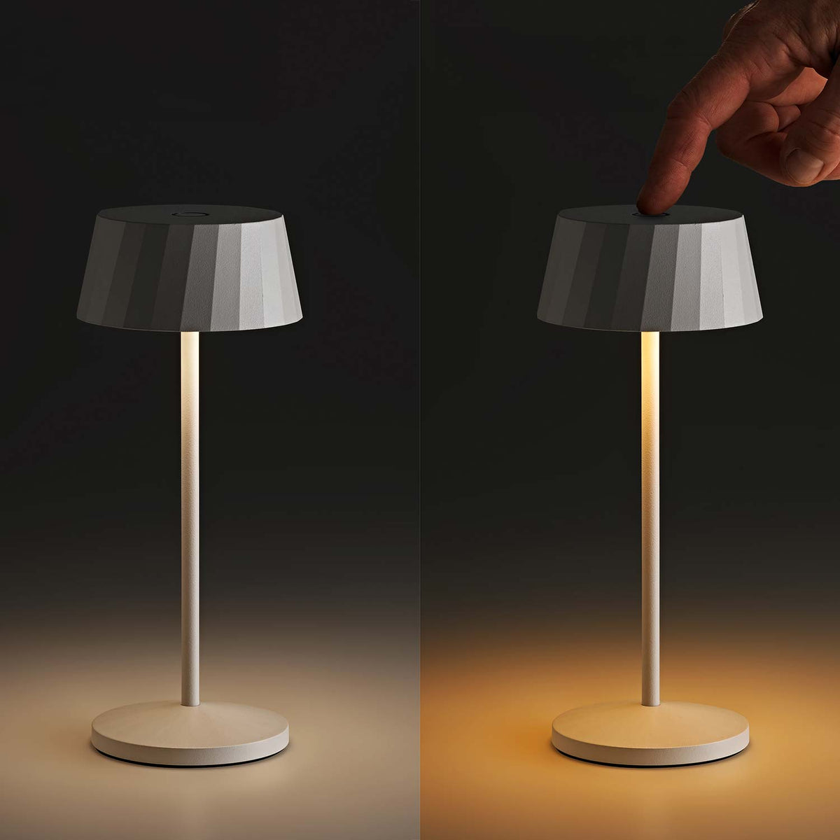 Sigor Facetta Remote Akku-Tischleuchte, links in 2700 Kelvin Warmweiss, rechts in 2200 Kelvin Extra-Warmweiss.