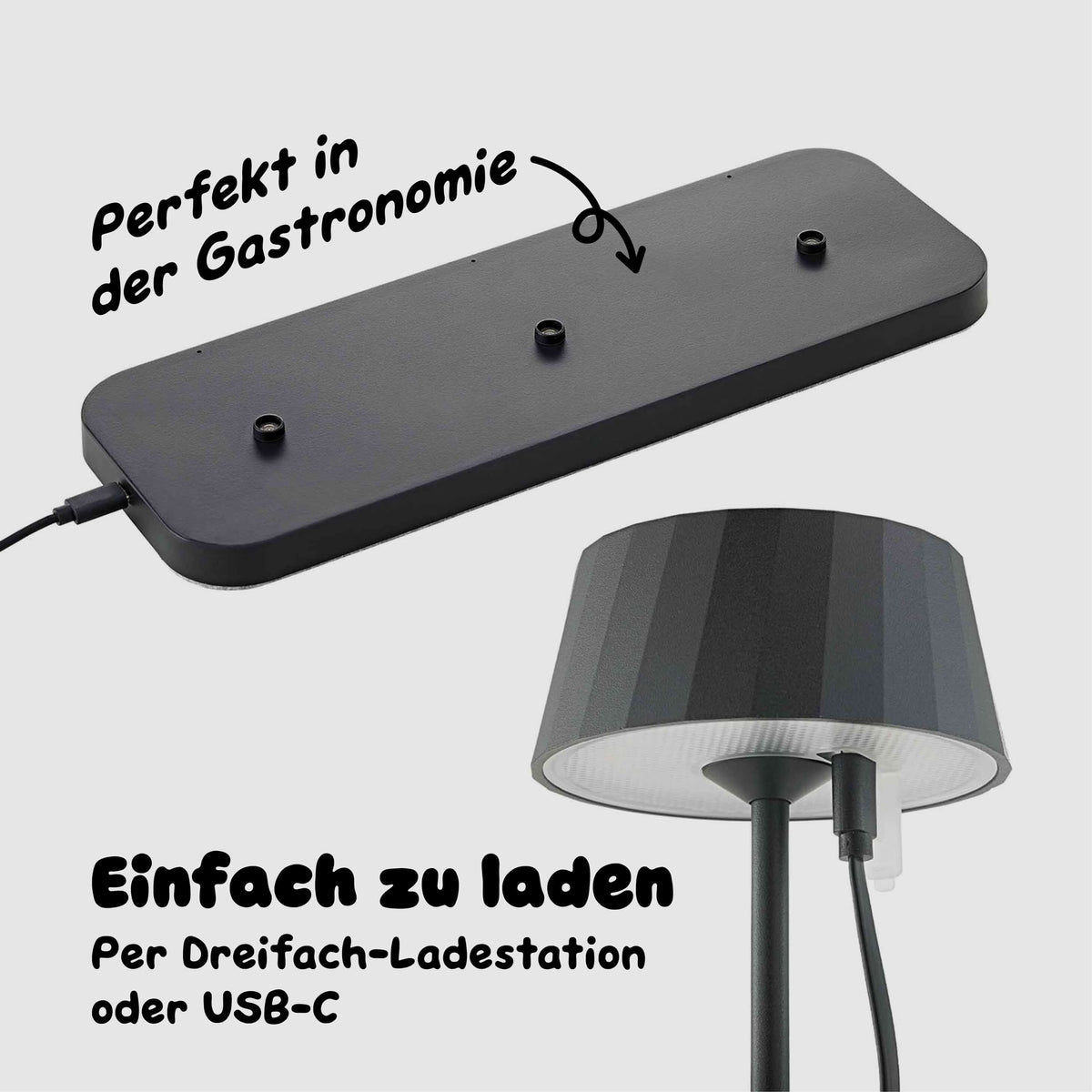 Sigor Facetta Remote 3er-Set Akku-Tischleuchten werden gleichzeitig über die Dreifach-Ladestation geladen - ideal für Gastronomie Restaurant und Hotel #Farbe_Nachtschwarz