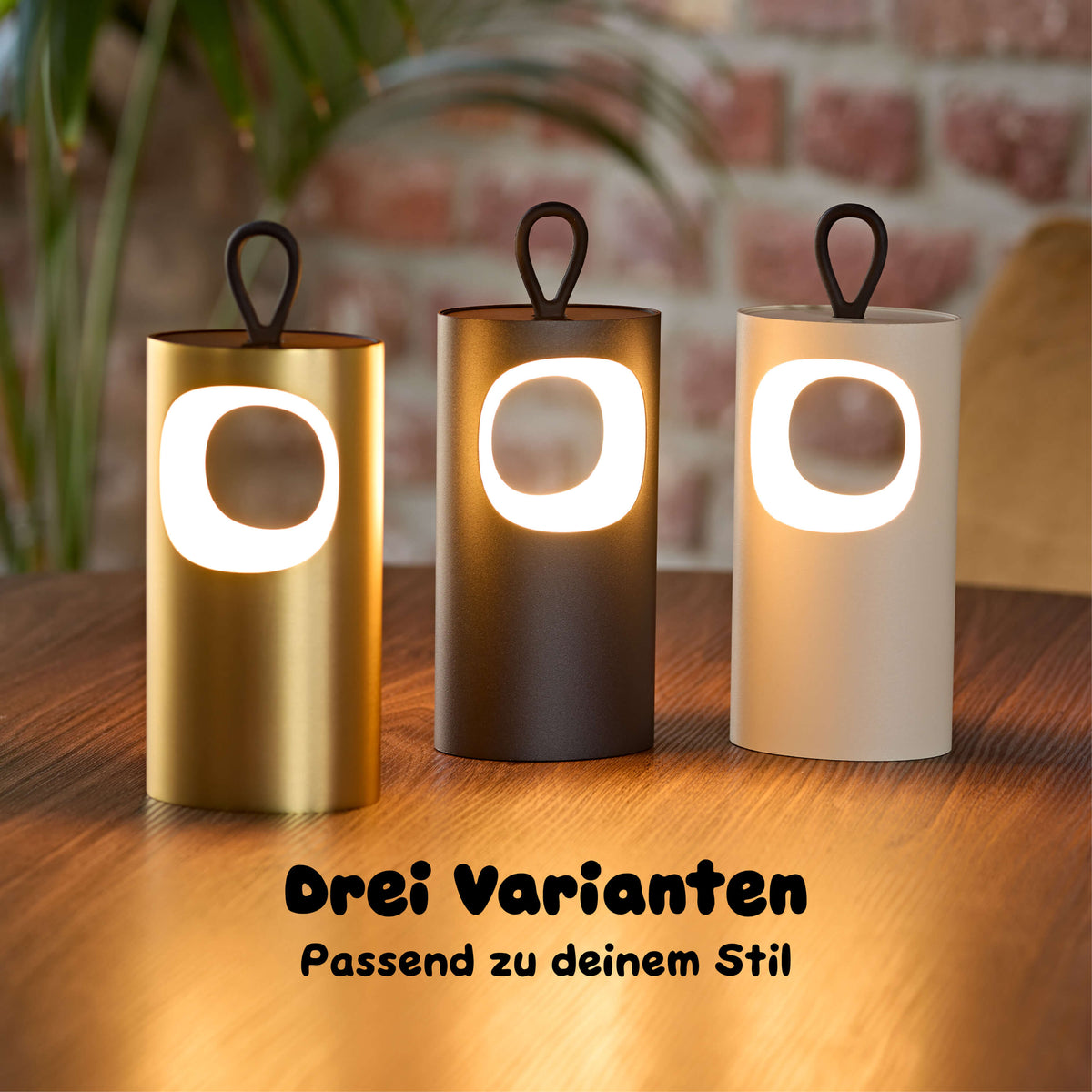 Drei Sigor Lunari Akku-LED-Tischleuchten in den verfügbaren Farben matt schimmerndem Gold, Nachtschwarz und Dünenbeige