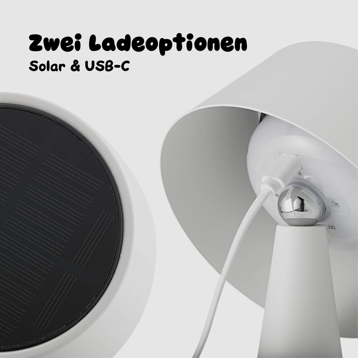 Zwei Ladeoptionen der Sigor Solino Akku LED Solarleuchte in der #Farbe_Schneeweiss