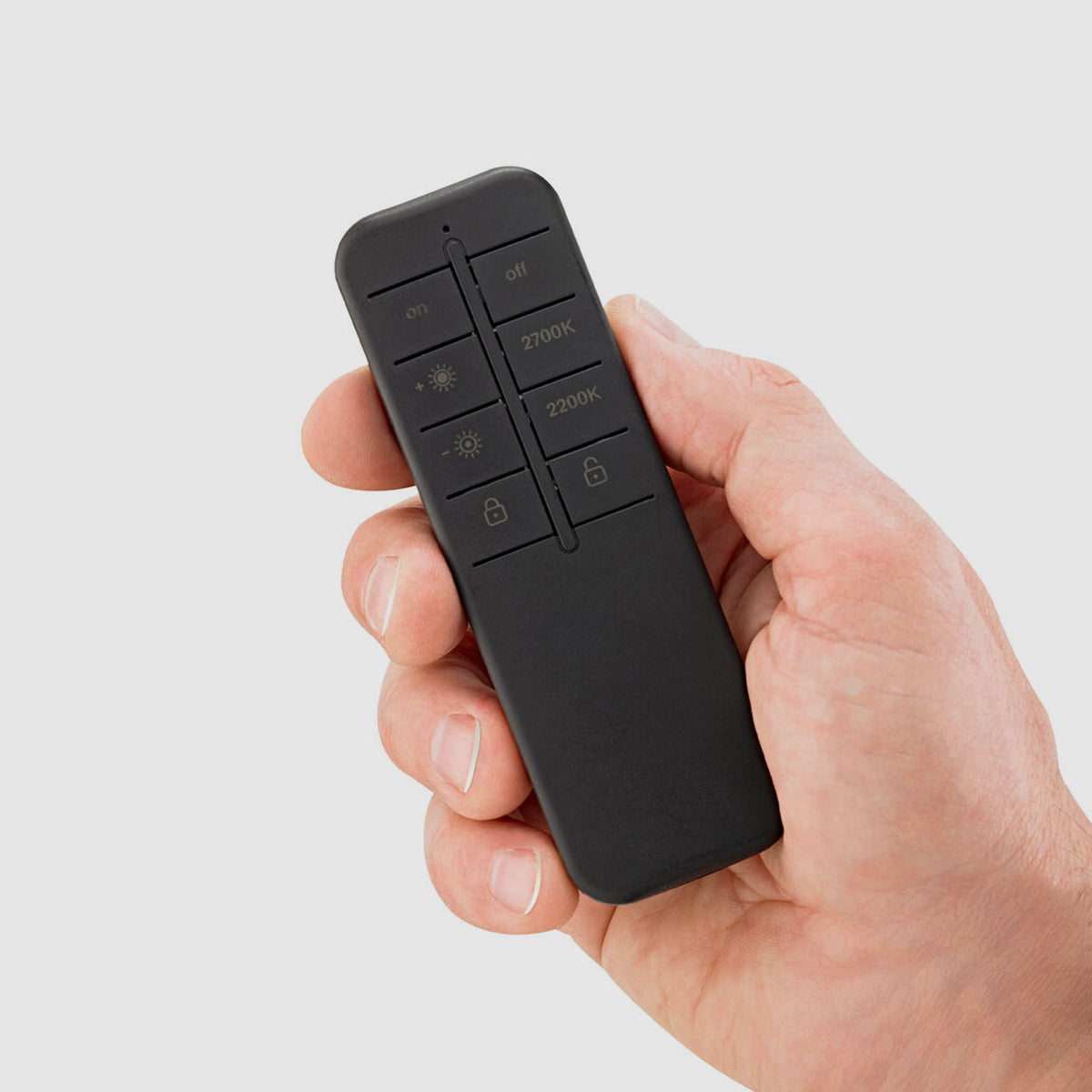 Fernbedienung für Veluna und Facetta in der Hand