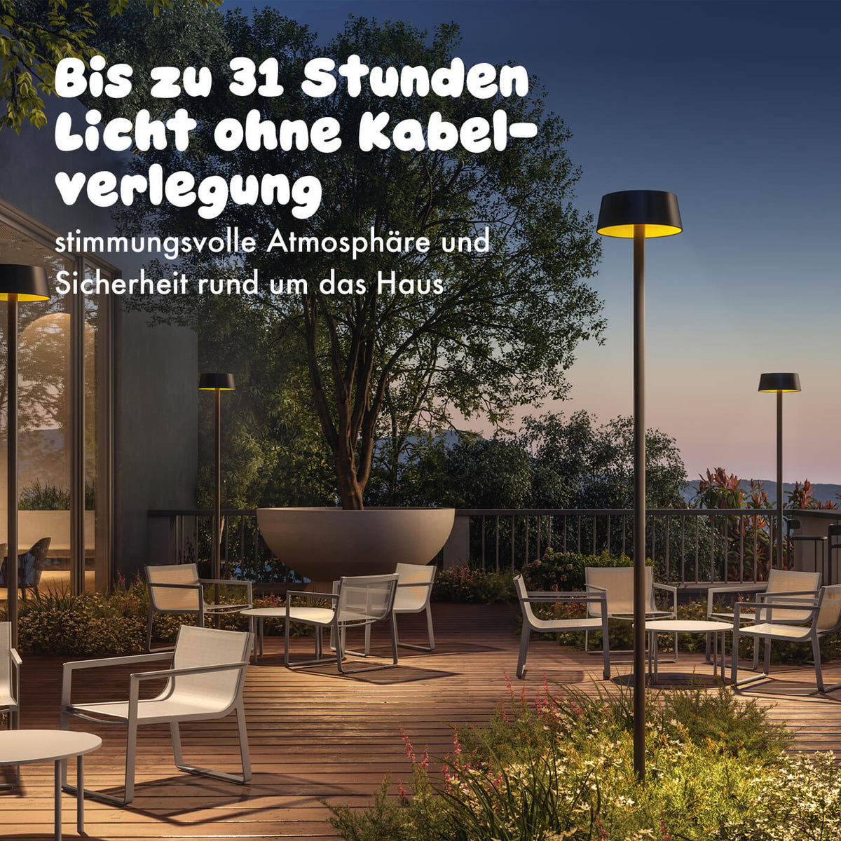 Bis zu 31 Stunden Licht ohne  Kabelverlegung für stimmungsvolle Atmosphäre und Sicherheit rund um das Haus
