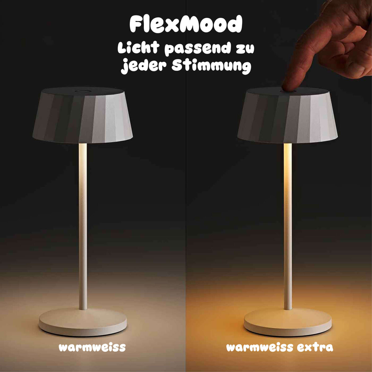 Die Sigor Facetta bietet mit FlexMood zwei Lichtstimmungen an: Zur Wahl stehen 2700 K warmweiss Licht und 2200 K für besonders gemütliches Licht, gesteuert per Touch.