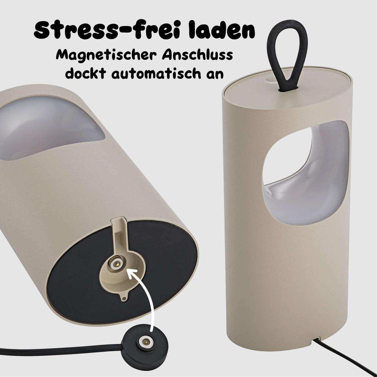 Die Sigor Lunari Akku-LED-Tischleuchte wird stress-frei geladen durch magnetischen Ladepuk der automatisch an der Unterseite andockt ohne Kabel-Gefummel #Farbe_Dünenbeige