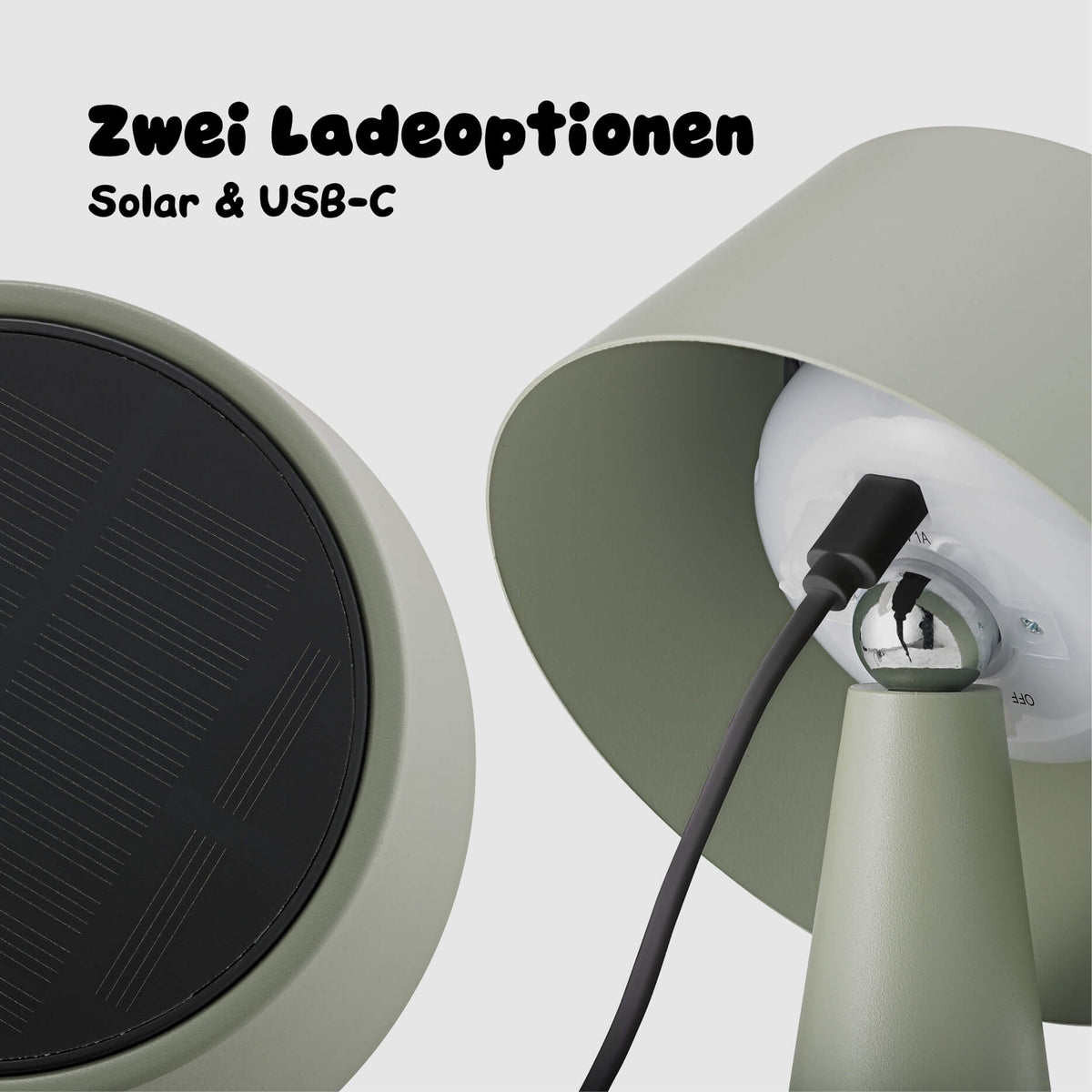 Zwei Ladeoptionen der Sigor Solino Akku LED Solarleuchte in der #Farbe_Salbeigrün