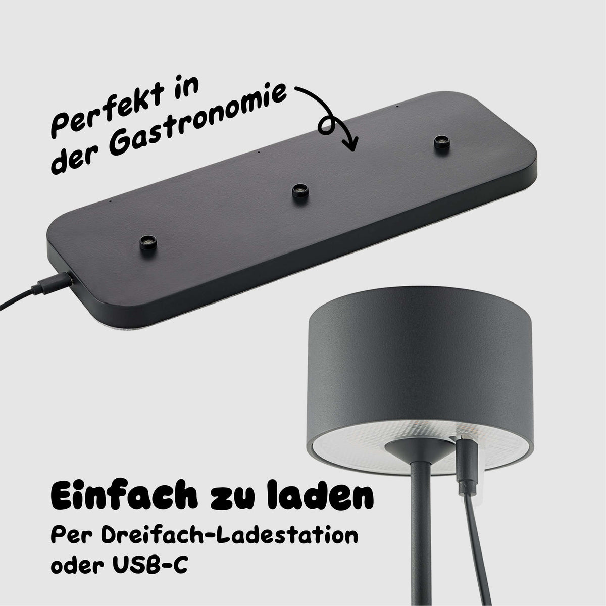 Sigor Veluna Dreifach-Ladestation lädt drei Leuchten gleichzeitig automatisch auf während einzelne Veluna Leuchte alternativ per USB-C Kabel am Leuchtenkopf aufgeladen werden kann für maximale Flexibilität im Gastronomiebetrieb #Farbe_Nachtschwarz