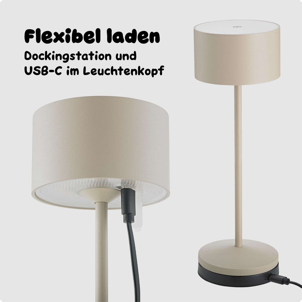 Die dünenbeige Sigor Veluna Remote kann per Dockingstation oder USB-C geladen werden #Farbe_Dünenbeige