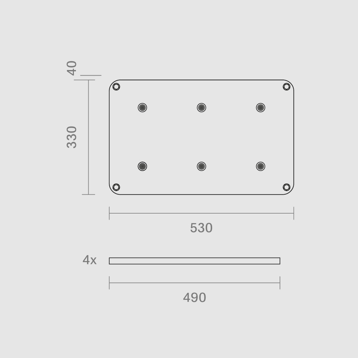Maßzeichnung der easy-connect puk Ladestation: 530 × 330 × 40 mm, dazu vier Abstandshalter mit 490 mm Länge