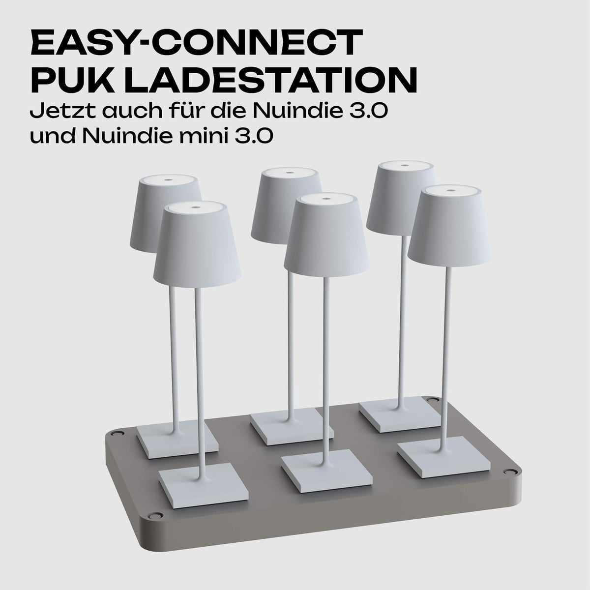 Sechs Sigor Nuindie 3.0 Akkuleuchten auf der easy-connect puk 6-fach Ladestation